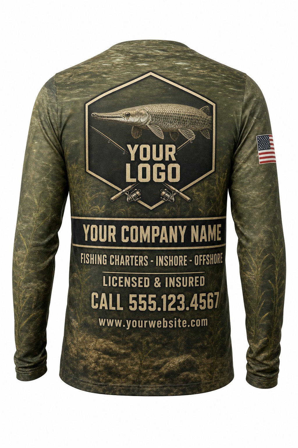 Alligator Gar Custom Fishing Team Uniform - back view, custom company logo all-over-print uniform