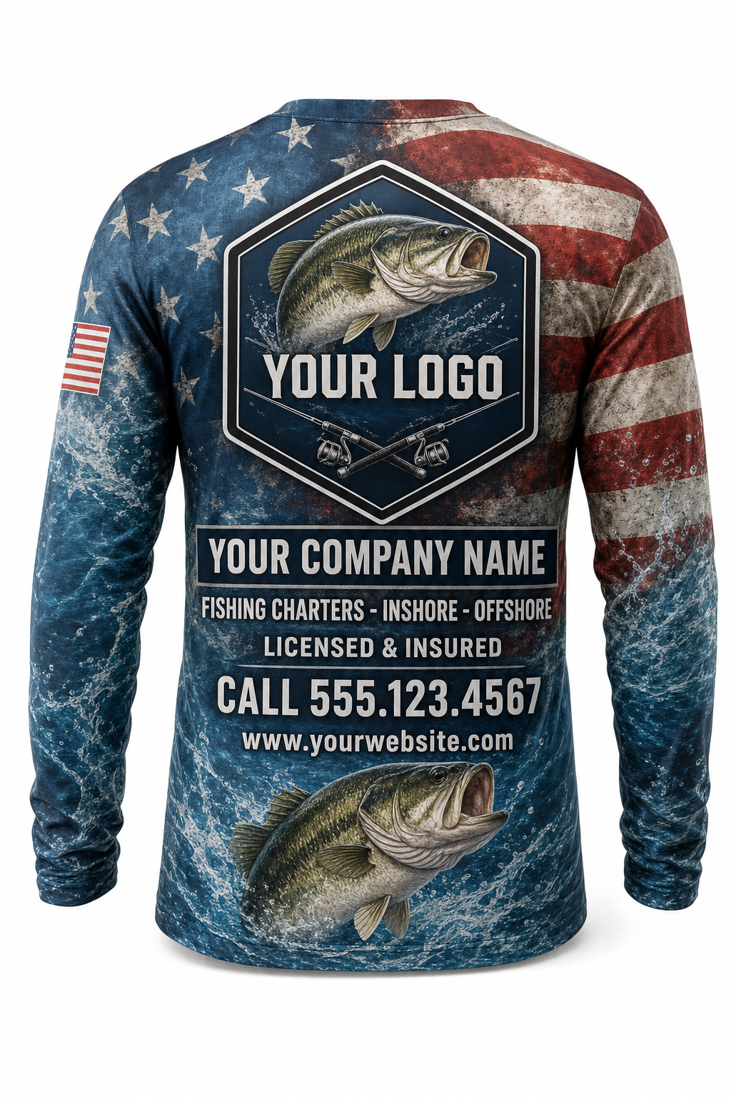 Bass American Flag Custom Fishing Team Uniform - back view, custom company logo all-over-print uniform