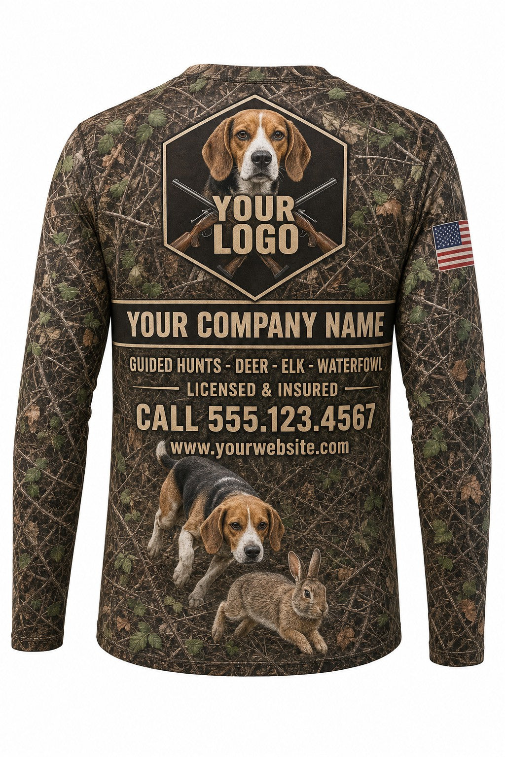 Beagle Rabbit Custom Hunting Team Uniform - back view, custom company logo all-over-print uniform