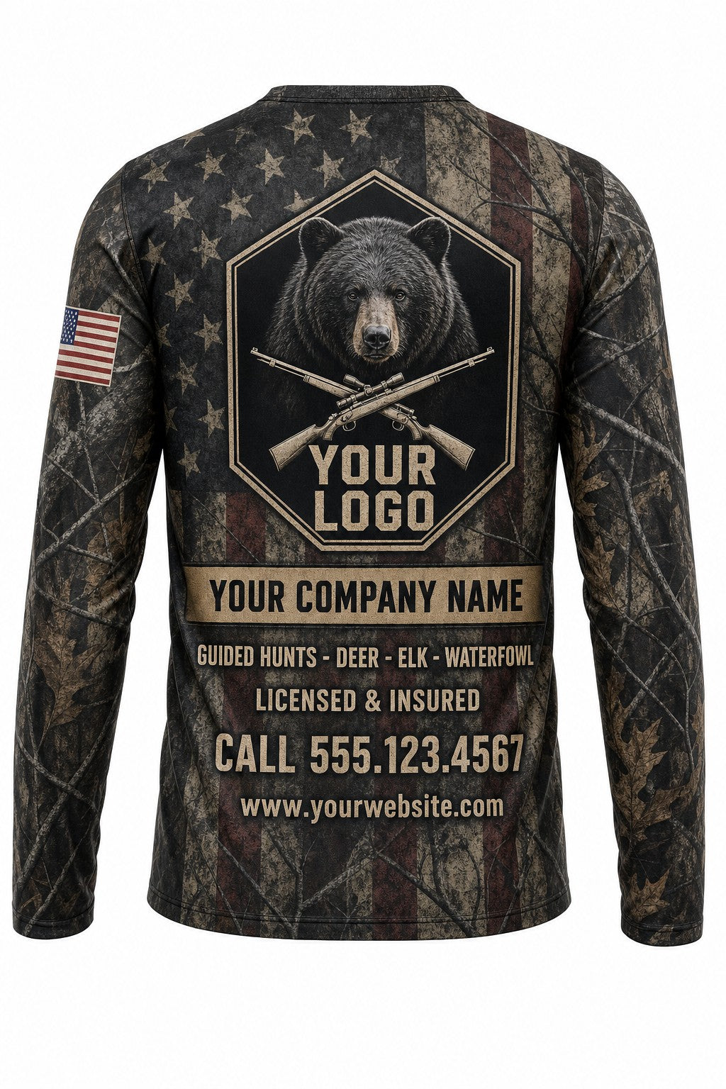 Bear Flag Custom Hunting Team Uniform - back view, custom company logo all-over-print uniform