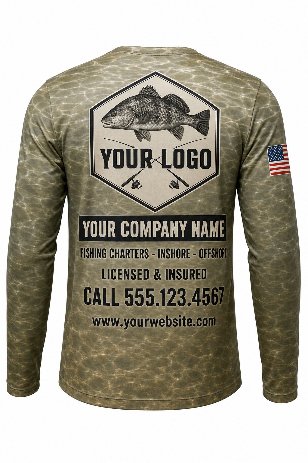 Black Drum Custom Fishing Team Uniform - back view, custom company logo all-over-print uniform