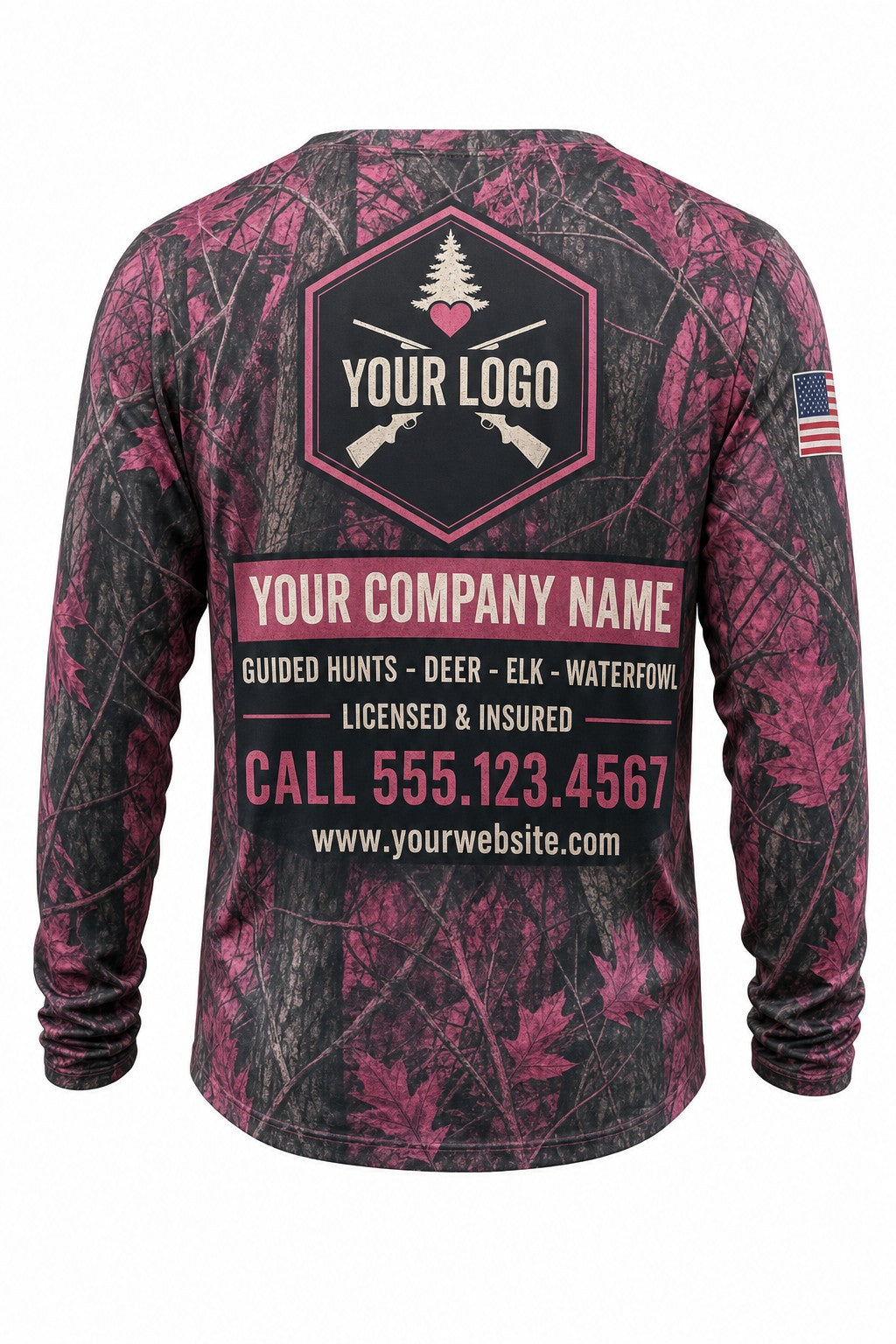Berry Timber Camo Custom Hunting Team Uniform - back view, custom company logo all-over-print uniform
