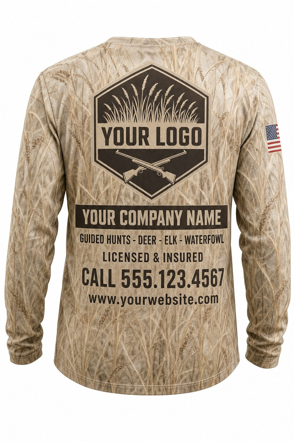 Prairie Tan Camo Custom Hunting Team Uniform - back view, custom company logo all-over-print uniform