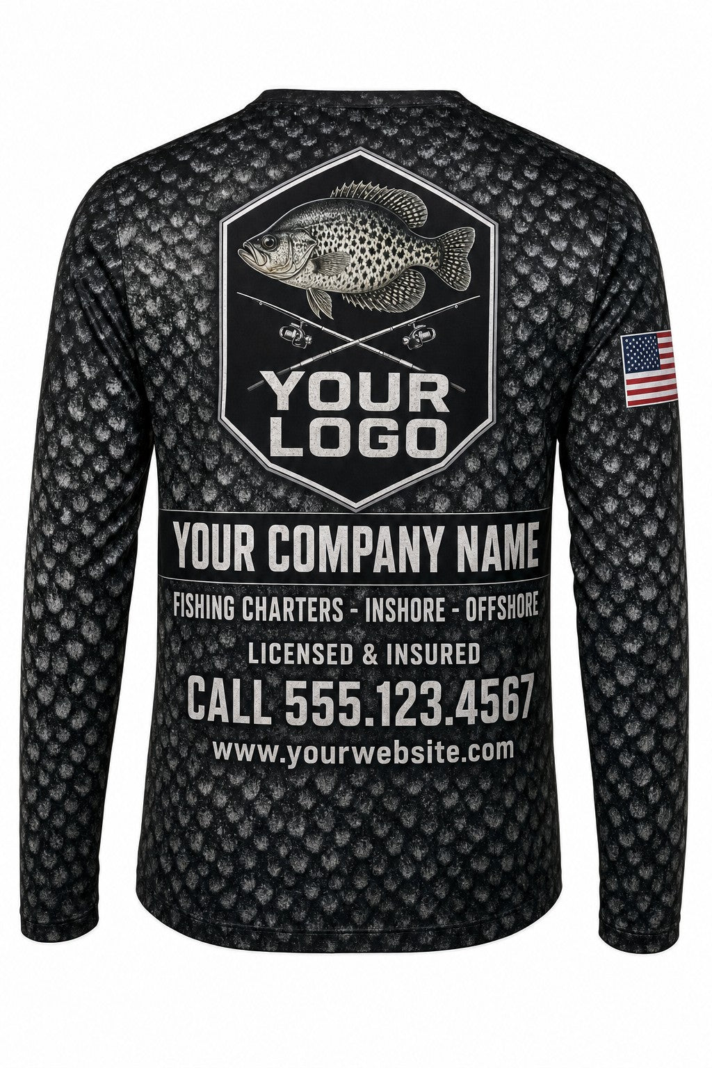 Crappie Scale Wrap Custom Fishing Team Uniform - back view, custom company logo all-over-print uniform