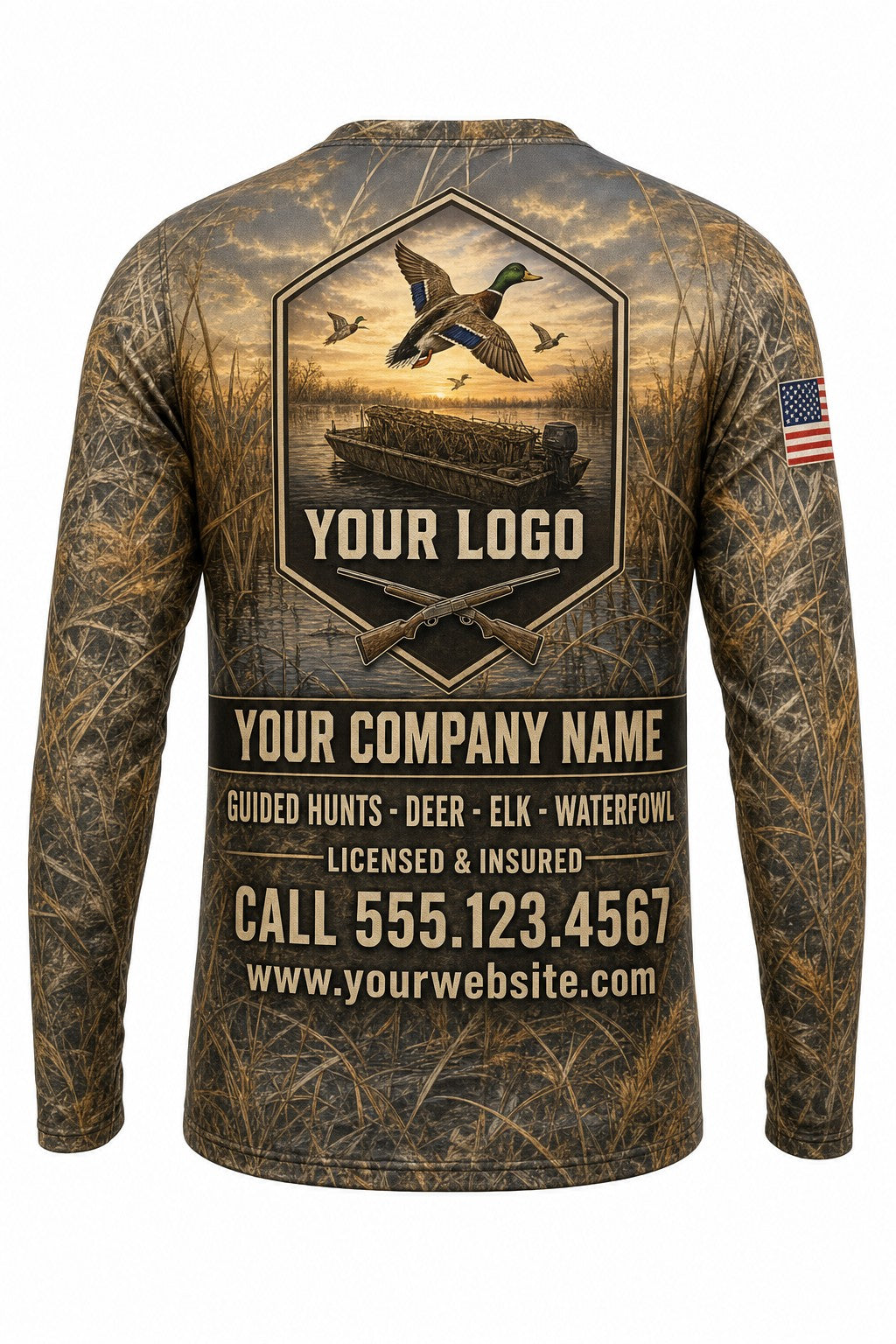 Duck Boat Sunrise Custom Hunting Team Uniform - back view, custom company logo all-over-print uniform