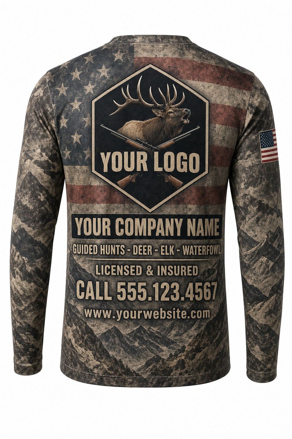 Elk Flag Custom Hunting Team Uniform - back view, custom company logo all-over-print uniform