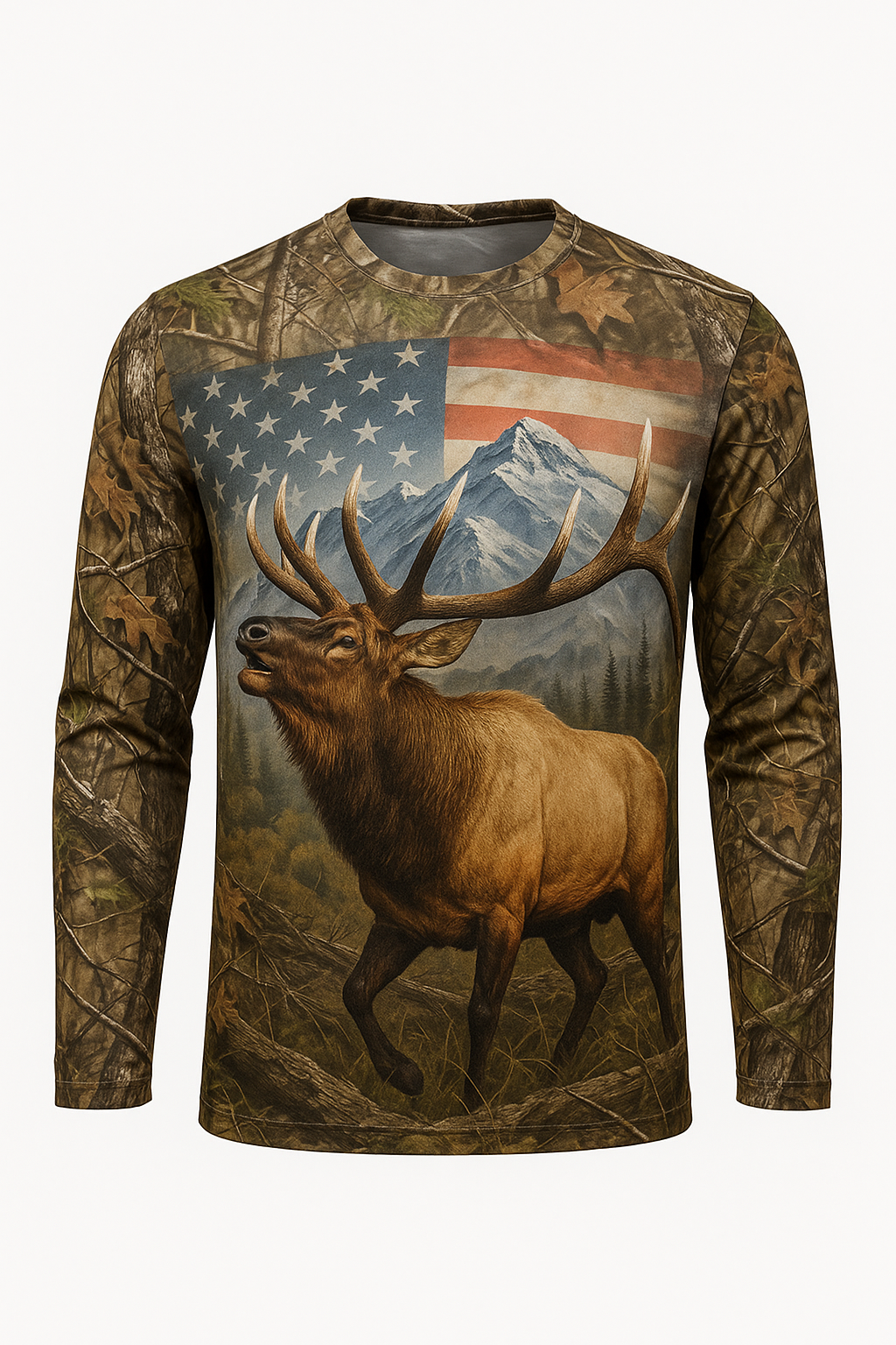 Patriotic Bull Elk all over print long sleeve hunting shirt