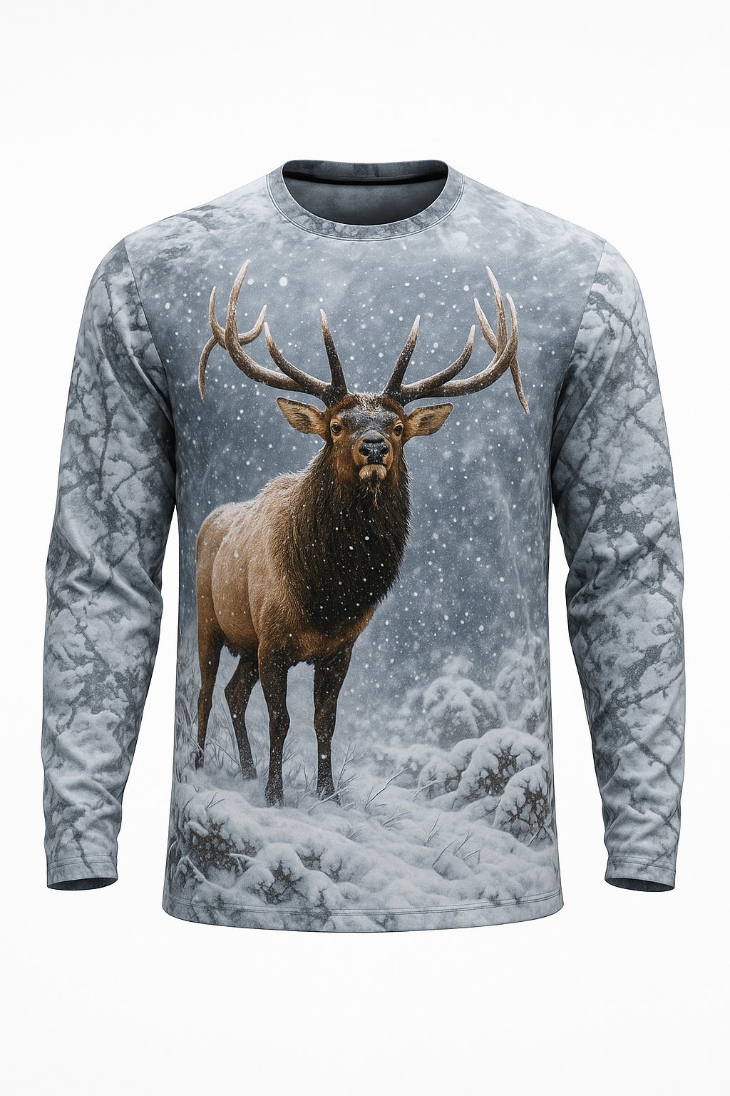 Winter Bull Elk Snow all over print long sleeve hunting shirt