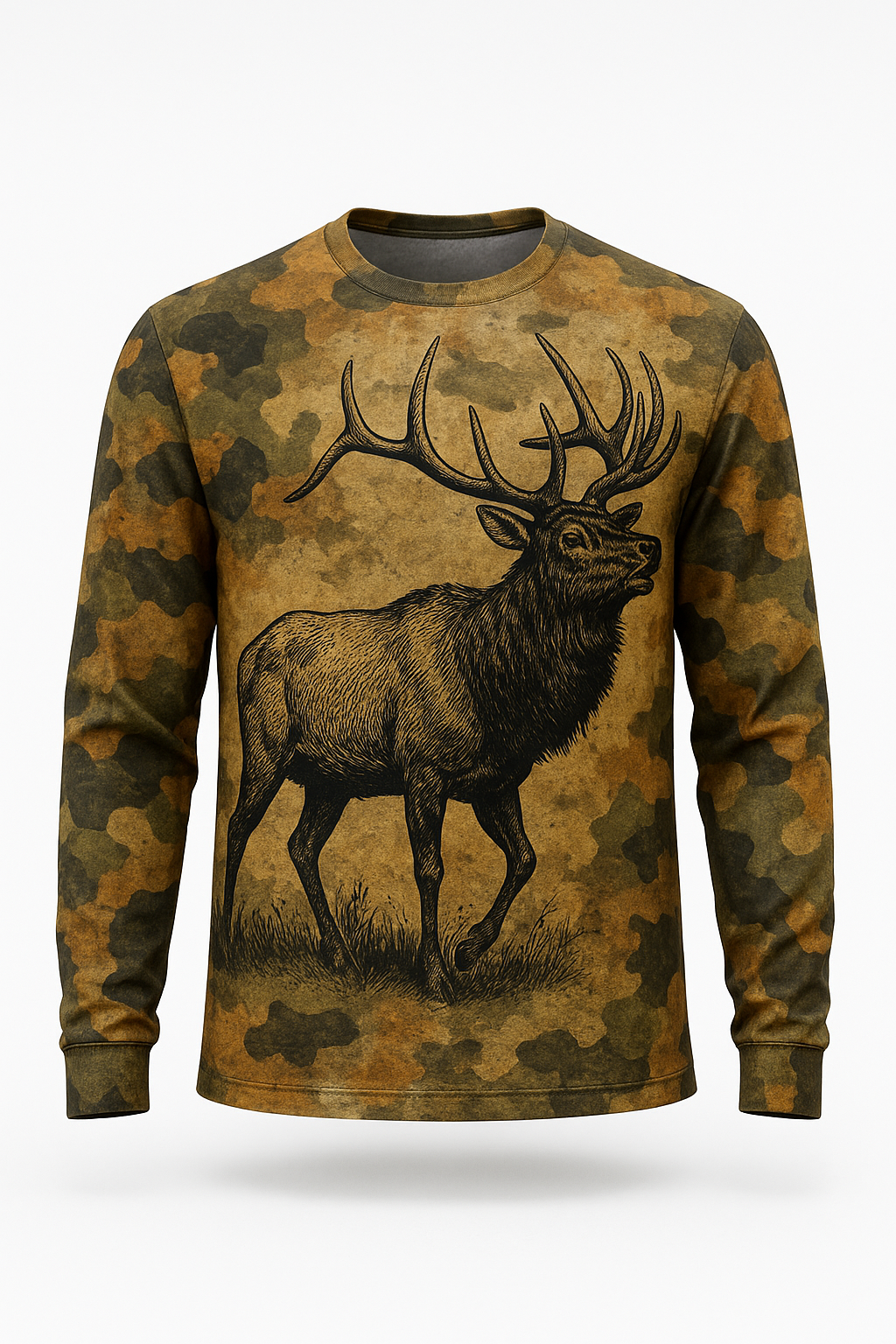 Vintage Woodcut Elk all over print long sleeve hunting shirt