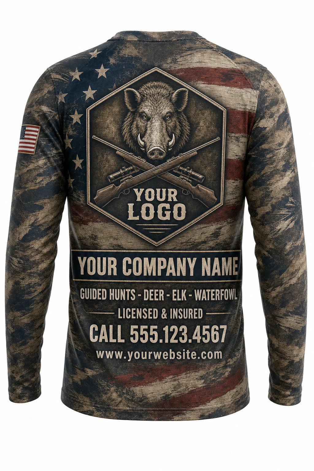 Hog Flag Custom Hunting Team Uniform - back view, custom company logo all-over-print uniform