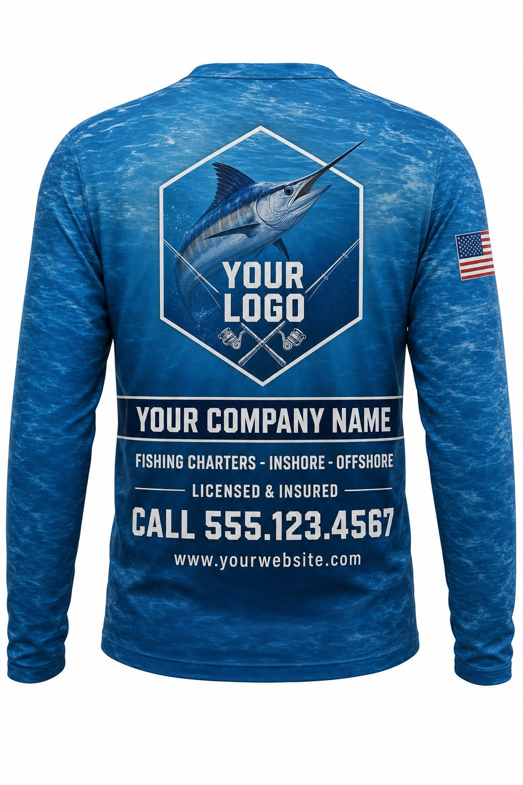 Blue Marlin Custom Fishing Team Uniform - back view, custom company logo all-over-print uniform