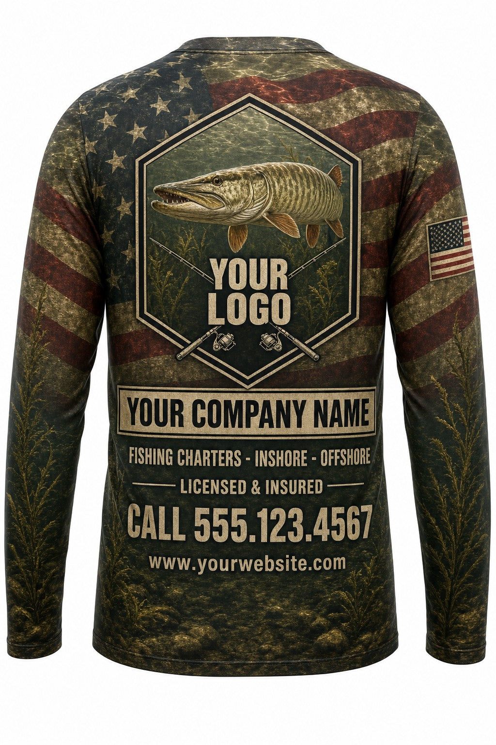 Musky Flag Custom Fishing Team Uniform - back view, custom company logo all-over-print uniform