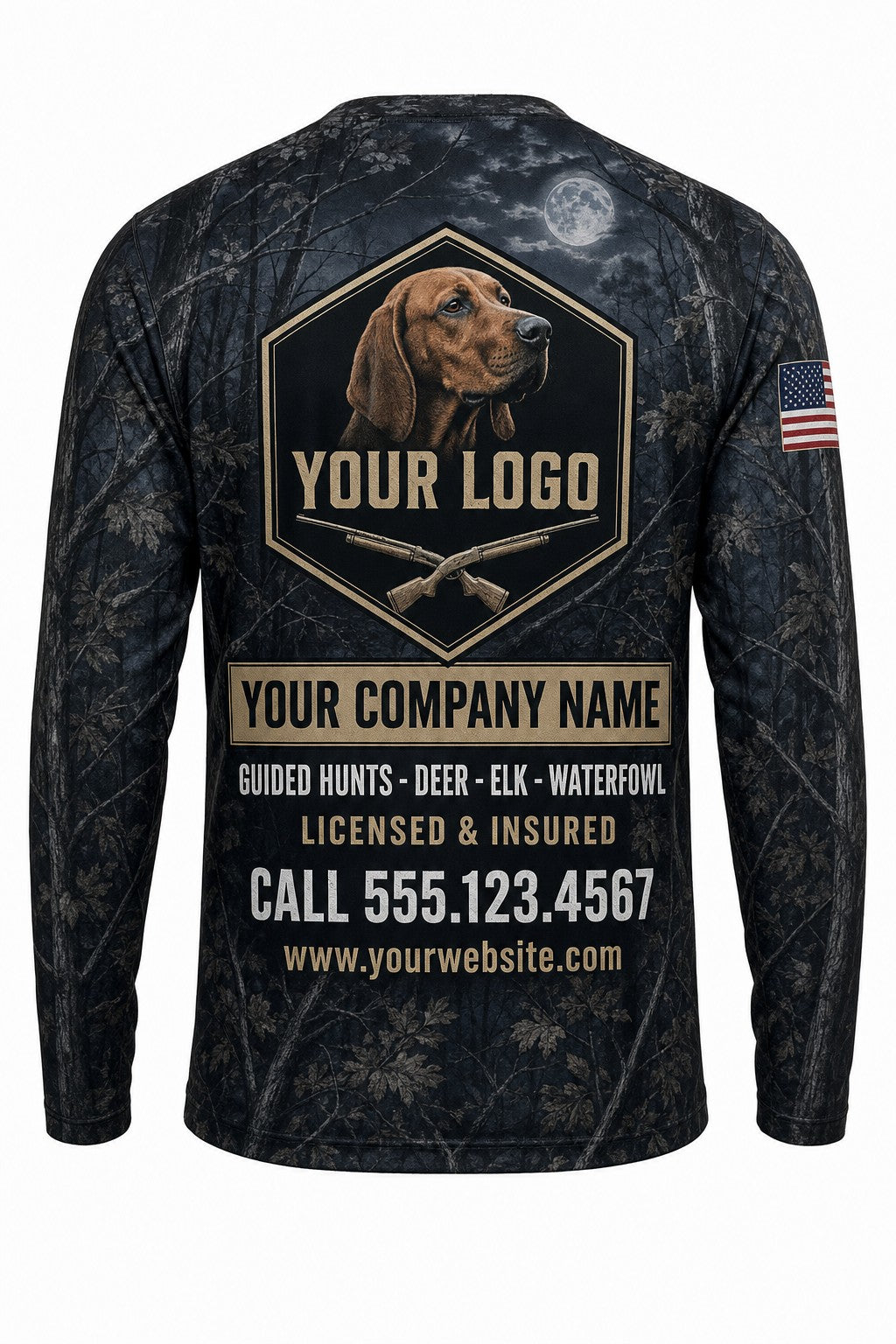 Redbone Coonhound Custom Hunting Team Uniform - back view, custom company logo all-over-print uniform