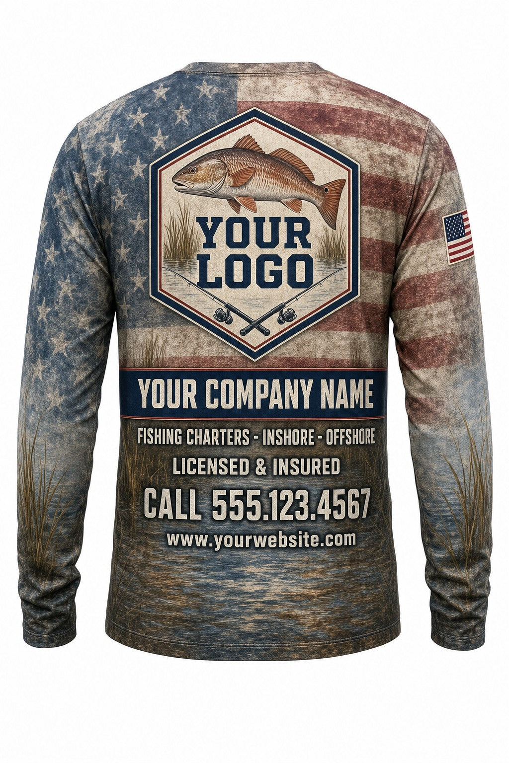 Redfish Flag Custom Fishing Team Uniform - back view, custom company logo all-over-print uniform