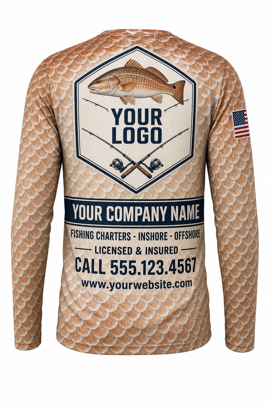 Redfish Scale Wrap Custom Fishing Team Uniform - back view, custom company logo all-over-print uniform