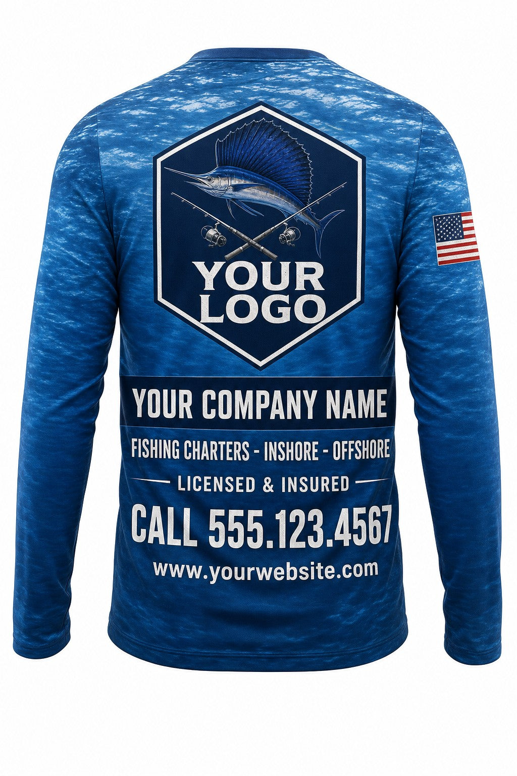 Sailfish Custom Fishing Team Uniform - back view, custom company logo all-over-print uniform