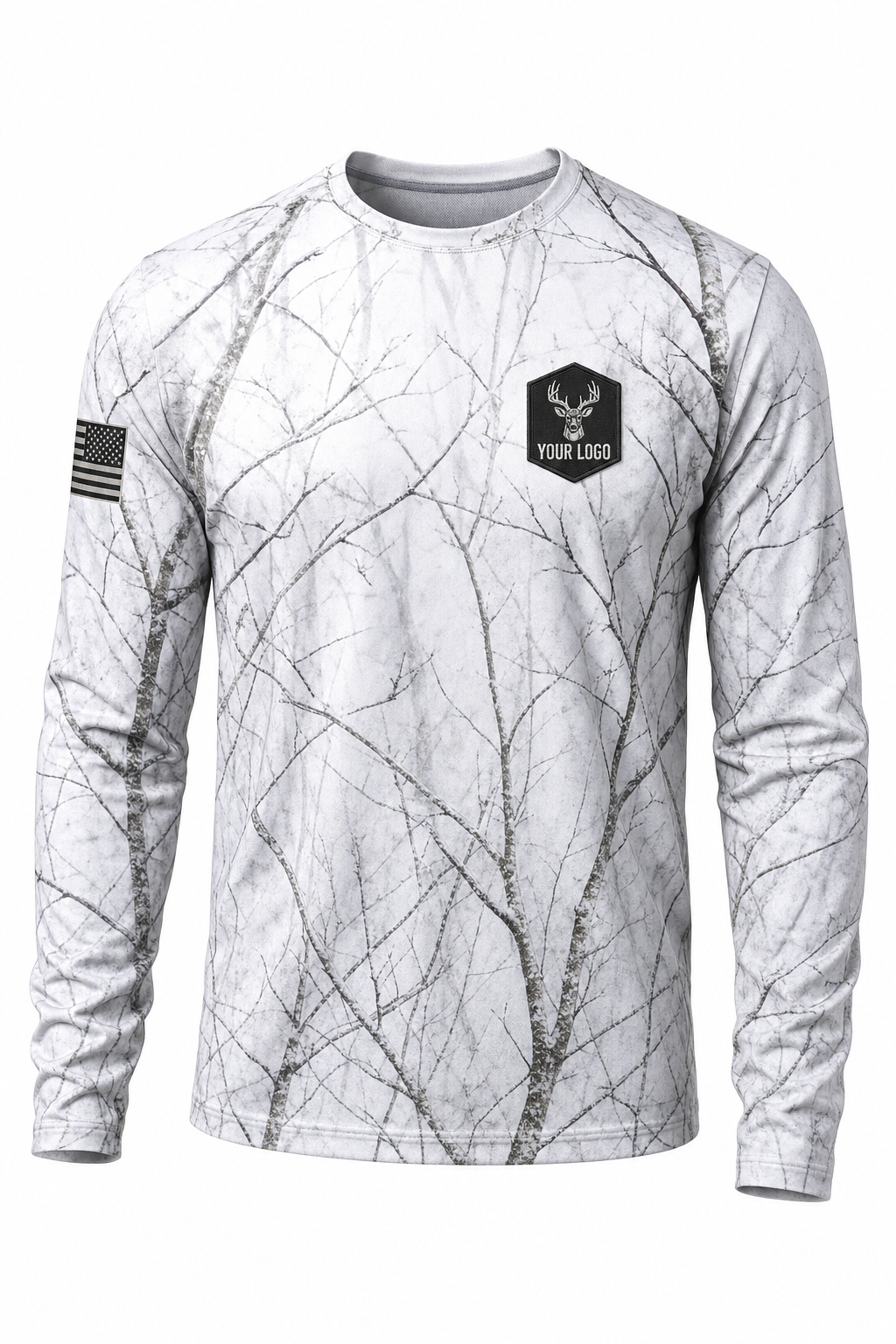 Buck Guide Crew Shirt in snow camo, front view - custom company logo hunting crew uniform long sleeve