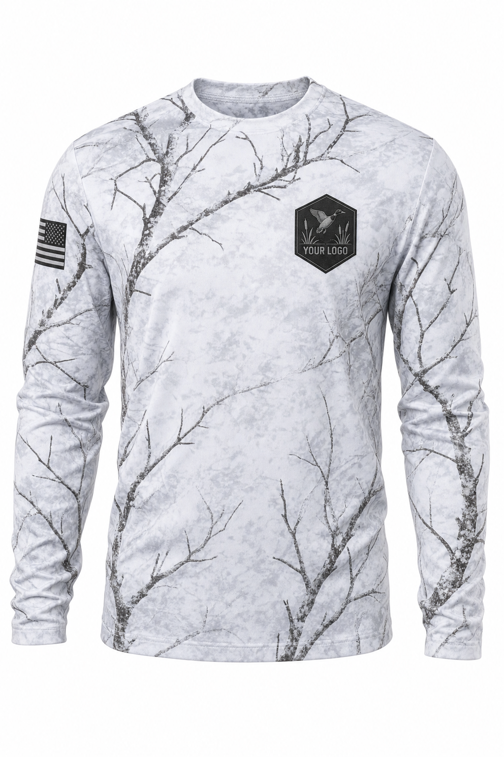 Waterfowl Guide Crew Shirt in snow camo, front view - custom company logo hunting crew uniform long sleeve