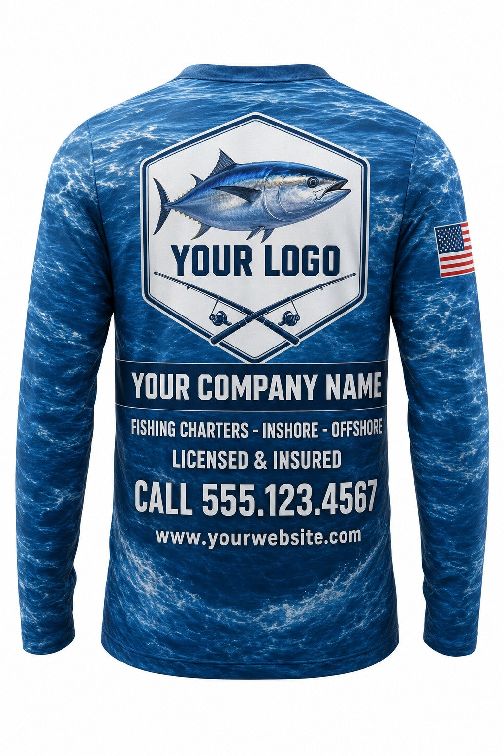 Bluefin Tuna Custom Fishing Team Uniform - back view, custom company logo all-over-print uniform