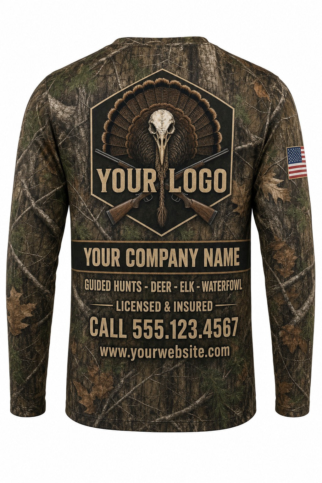 Turkey Fan Skull Custom Hunting Team Uniform - back view, custom company logo all-over-print uniform