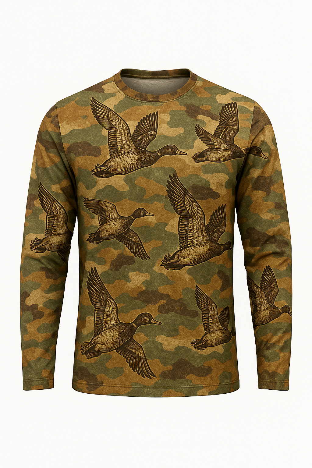 Vintage Woodcut Ducks all over print long sleeve hunting shirt
