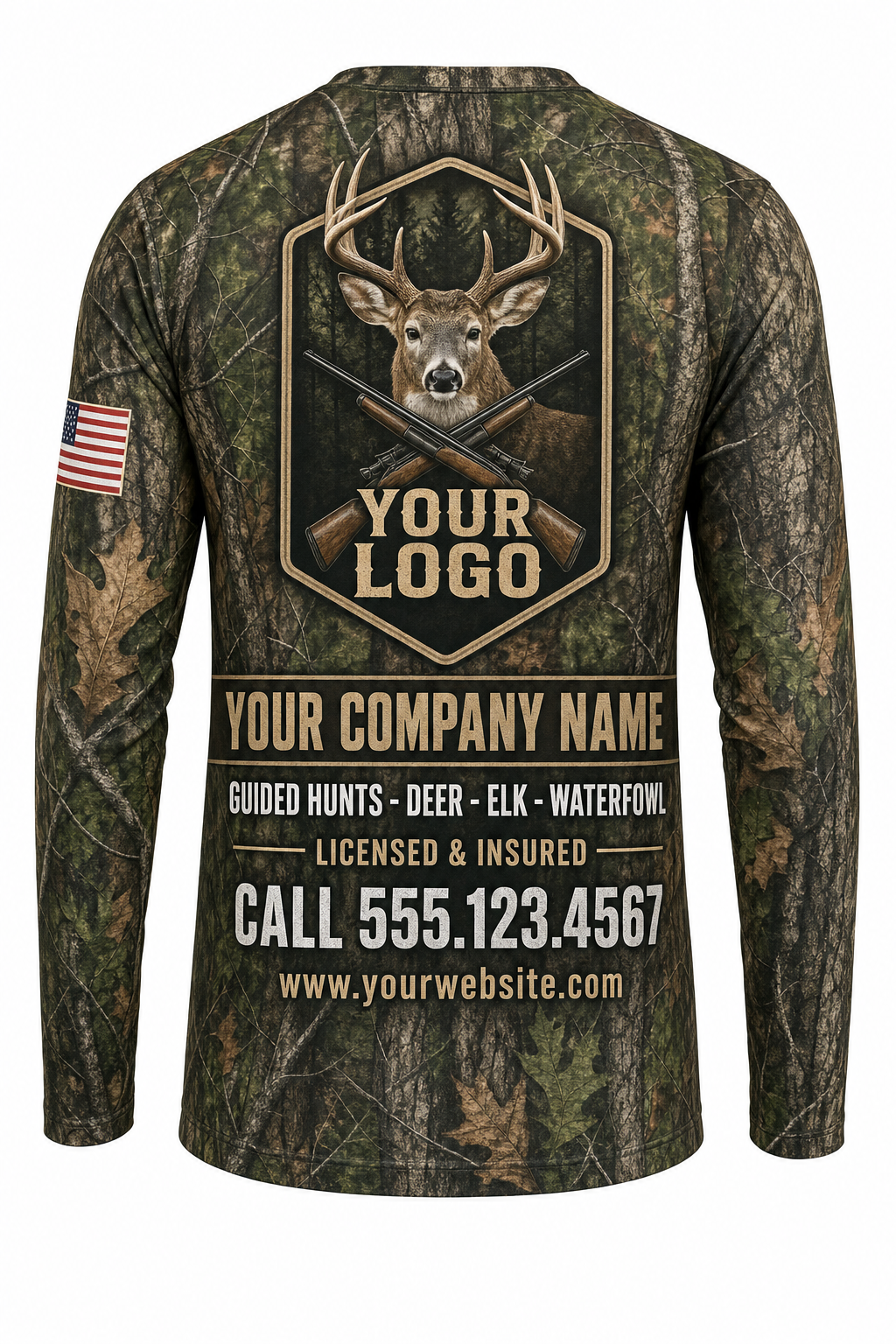 Whitetail Woodland Custom Hunting Team Uniform - back view, custom company logo all-over-print uniform