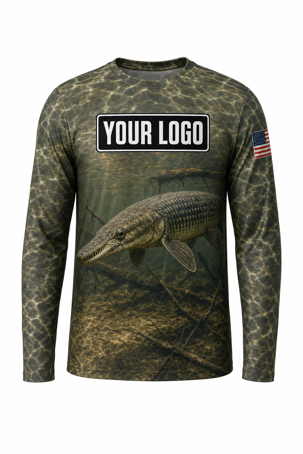 Alligator Gar Custom Fishing Team Uniform - front view, custom company logo all-over-print uniform