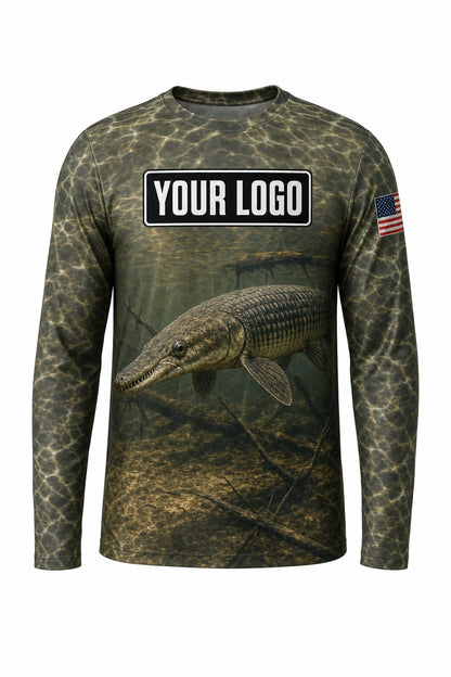 Alligator Gar Custom Fishing Team Uniform - front view, custom company logo all-over-print uniform