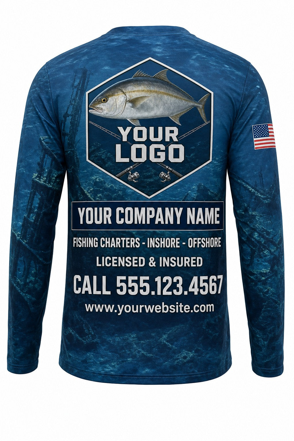 Amberjack Custom Fishing Team Uniform - back view, custom company logo all-over-print uniform