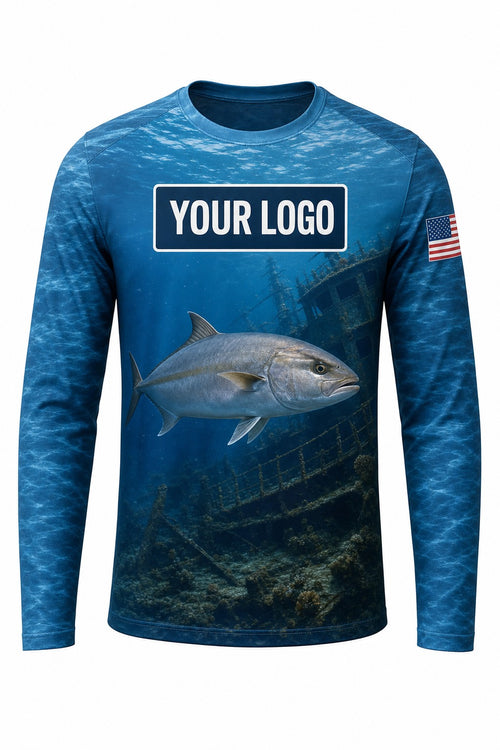 Amberjack Custom Fishing Team Uniform - front view, custom company logo all-over-print uniform
