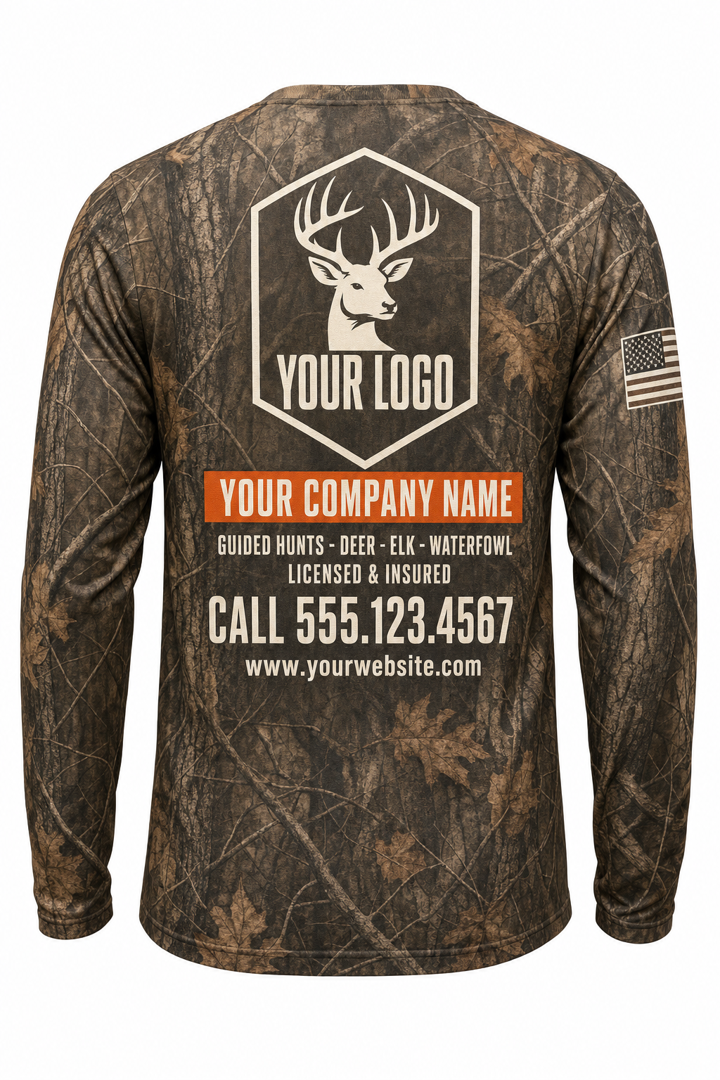 Buck Guide Crew Shirt in autumn camo, back view - custom company logo hunting crew uniform long sleeve