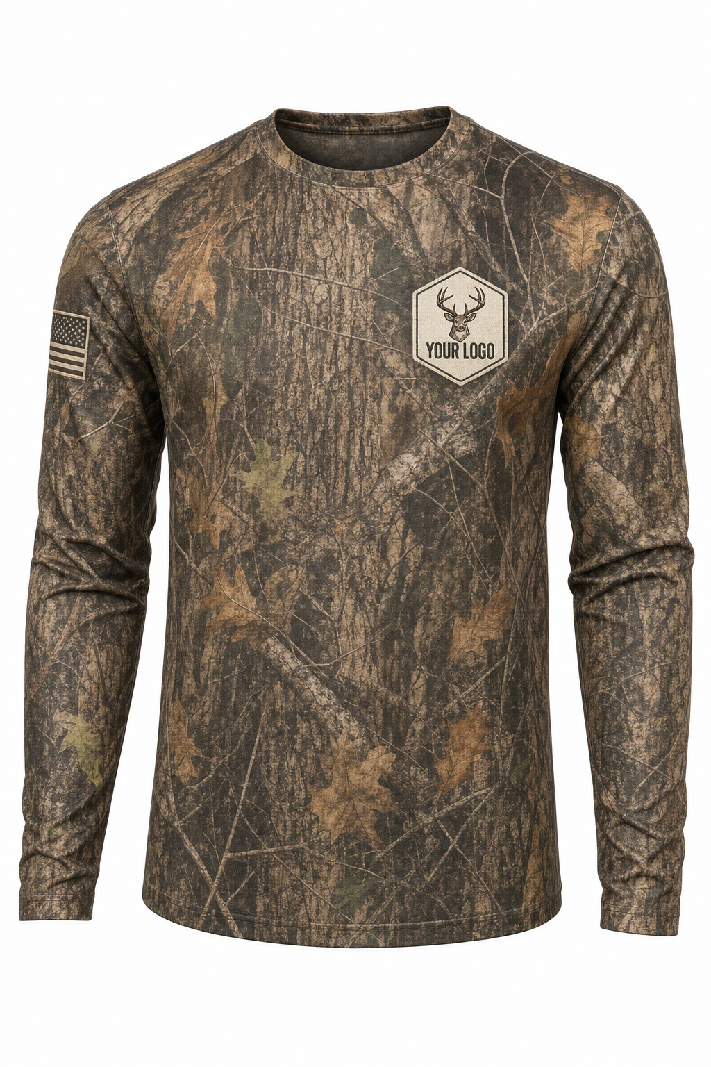 Buck Guide Crew Shirt in autumn camo, front view - custom company logo hunting crew uniform long sleeve