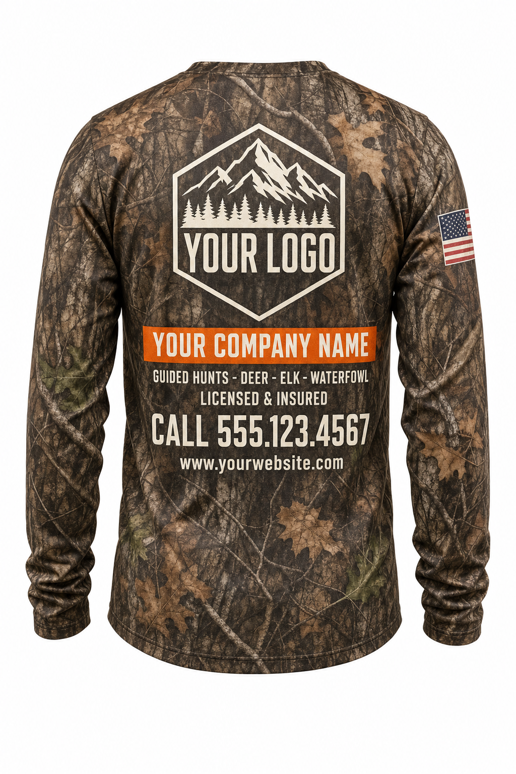 Camo Texture Guide Crew Shirt in autumn camo, back view - custom company logo hunting crew uniform long sleeve