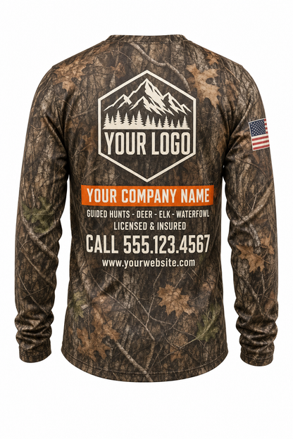 Camo Texture Guide Crew Shirt in autumn camo, back view - custom company logo hunting crew uniform long sleeve