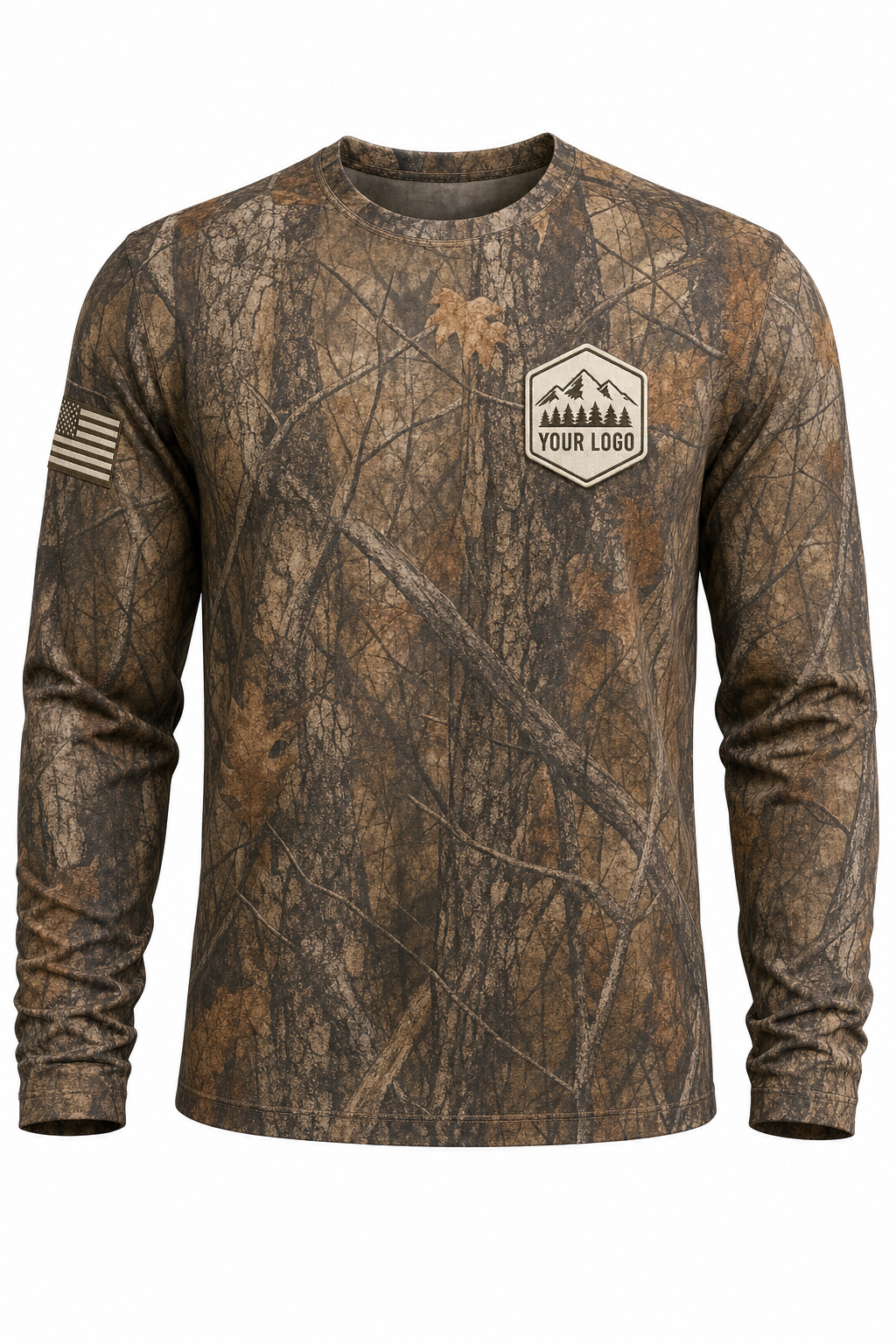 Camo Texture Guide Crew Shirt in autumn camo, front view - custom company logo hunting crew uniform long sleeve