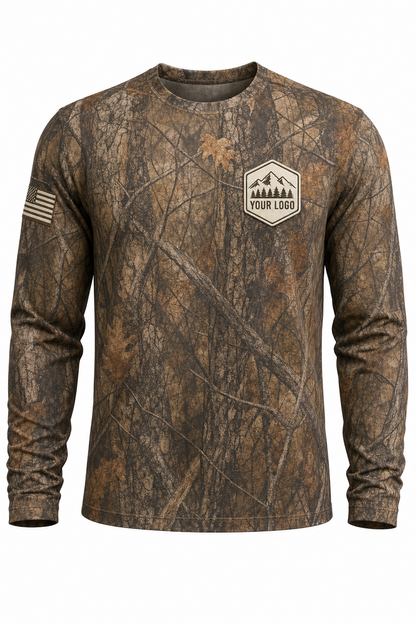 Camo Texture Guide Crew Shirt in autumn camo, front view - custom company logo hunting crew uniform long sleeve