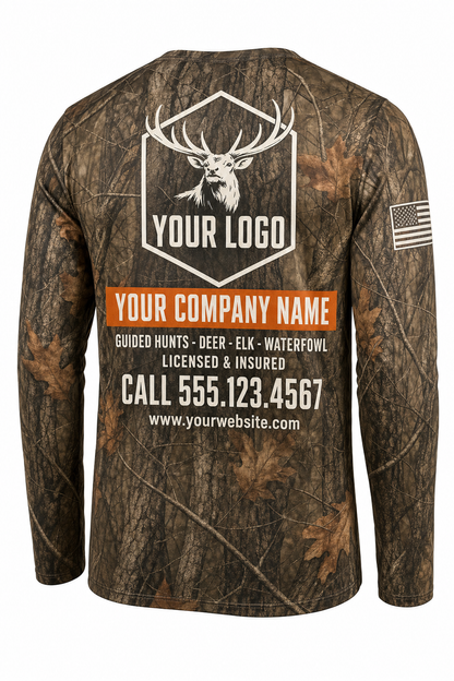 Elk Guide Crew Shirt in autumn camo, back view - custom company logo hunting crew uniform long sleeve