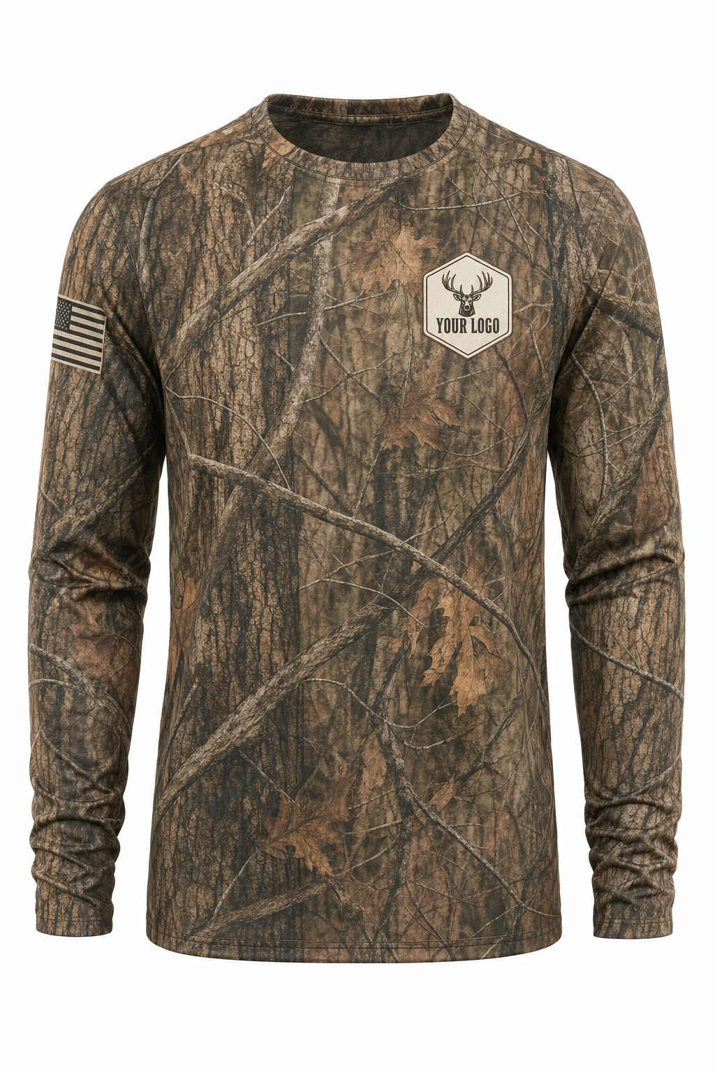 Elk Guide Crew Shirt in autumn camo, front view - custom company logo hunting crew uniform long sleeve
