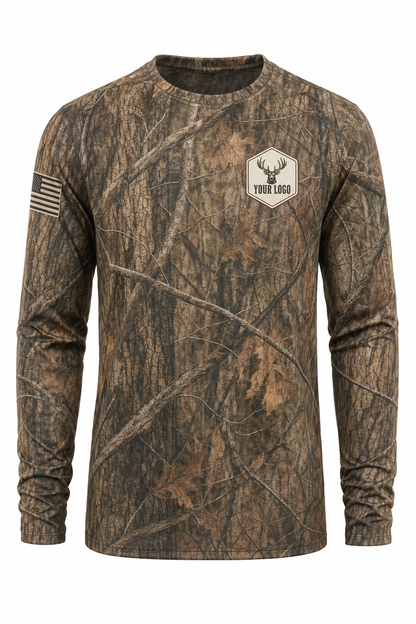 Elk Guide Crew Shirt in autumn camo, front view - custom company logo hunting crew uniform long sleeve