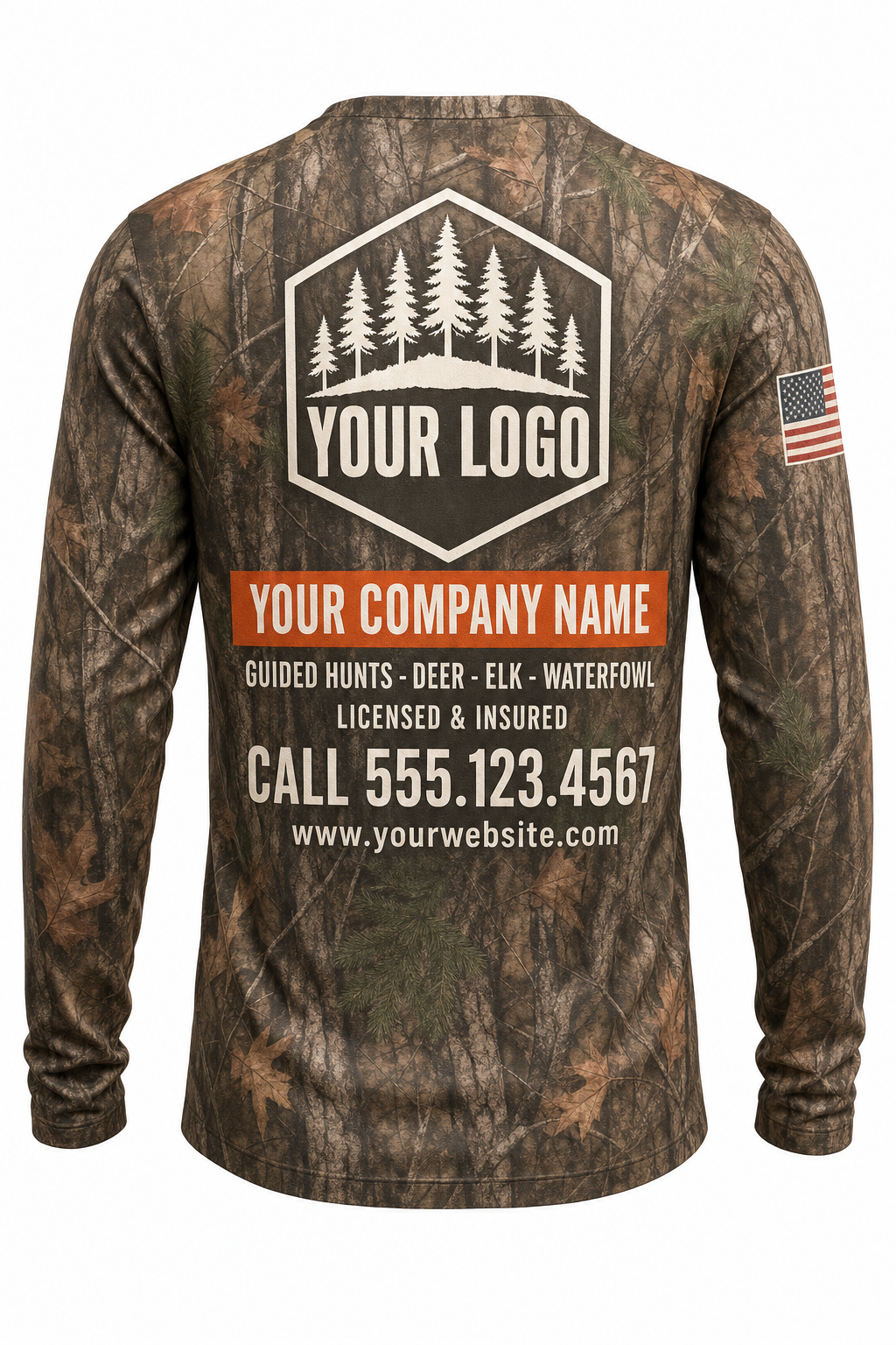 Pine Forest Guide Crew Shirt in autumn camo, back view - custom company logo hunting crew uniform long sleeve