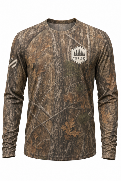 Pine Forest Guide Crew Shirt in autumn camo, front view - custom company logo hunting crew uniform long sleeve