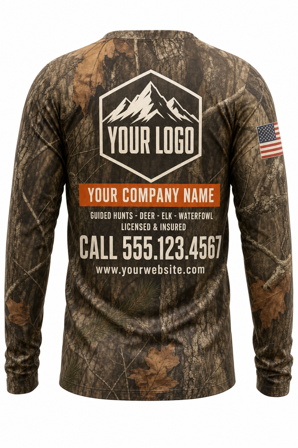 Mountain Ridge Guide Crew Shirt in autumn camo, back view - custom company logo hunting crew uniform long sleeve