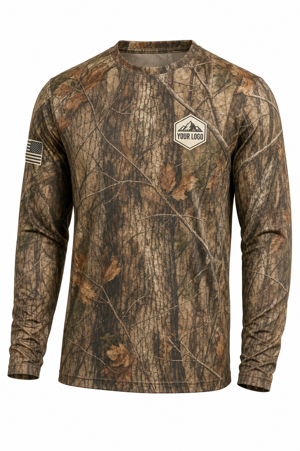 Mountain Ridge Guide Crew Shirt in autumn camo, front view - custom company logo hunting crew uniform long sleeve