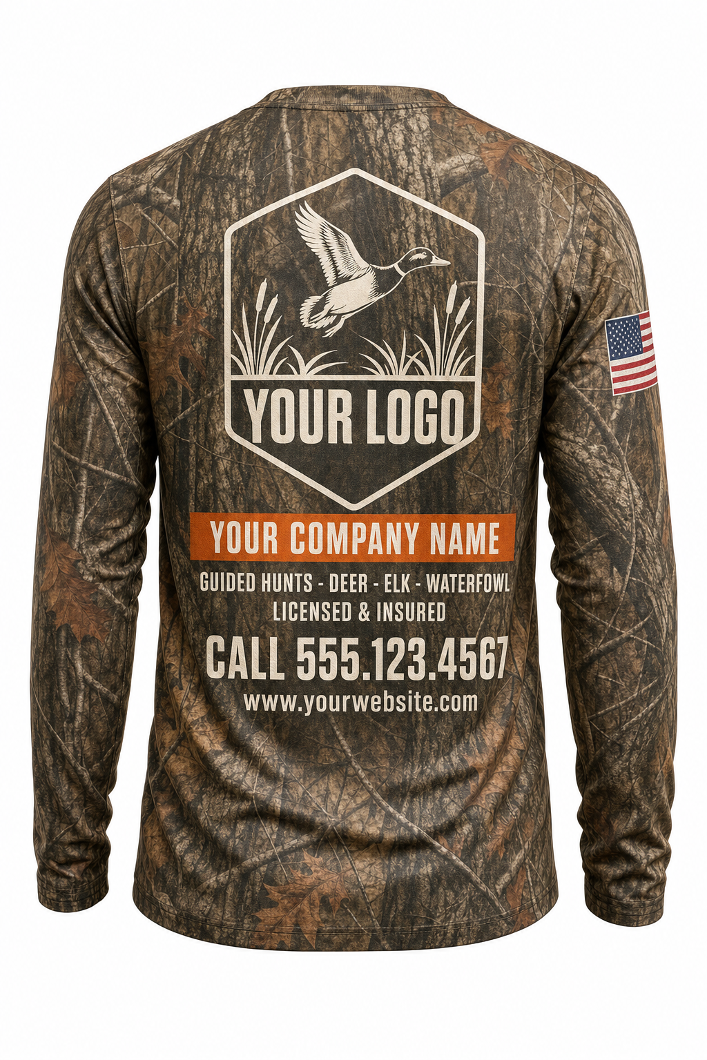Waterfowl Guide Crew Shirt in autumn camo, back view - custom company logo hunting crew uniform long sleeve