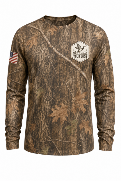 Waterfowl Guide Crew Shirt in autumn camo, front view - custom company logo hunting crew uniform long sleeve