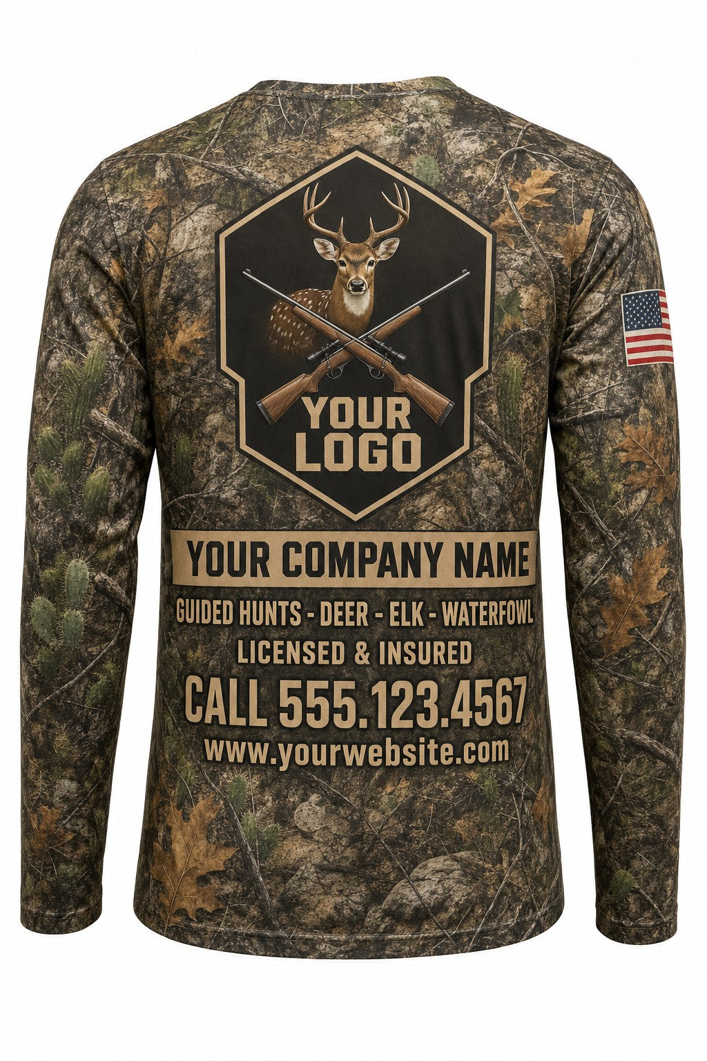 Axis Deer Custom Hunting Team Uniform - back view, custom company logo all-over-print uniform