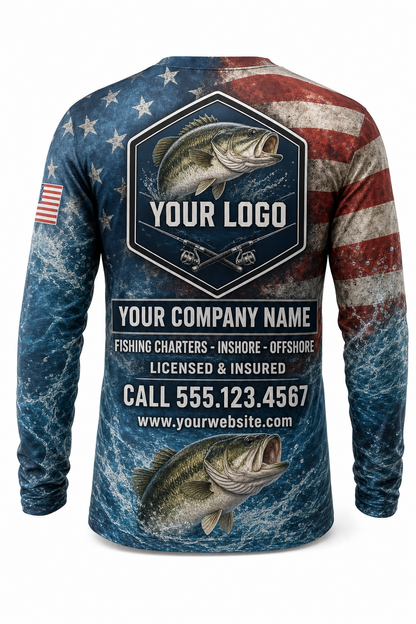 Bass American Flag Custom Fishing Team Uniform - back view, custom company logo all-over-print uniform