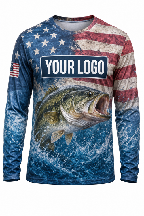 Bass American Flag Custom Fishing Team Uniform - front view, custom company logo all-over-print uniform