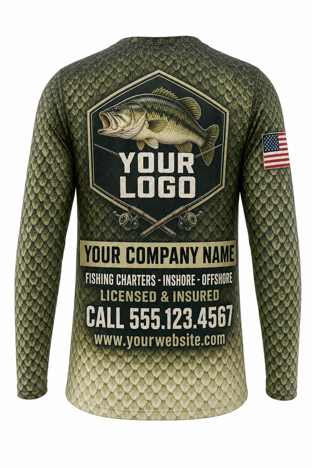 Bass Scale Wrap Custom Fishing Team Uniform - back view, custom company logo all-over-print uniform