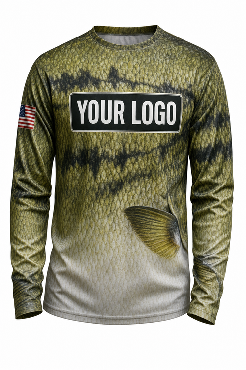 Bass Scale Wrap Custom Fishing Team Uniform - front view, custom company logo all-over-print uniform